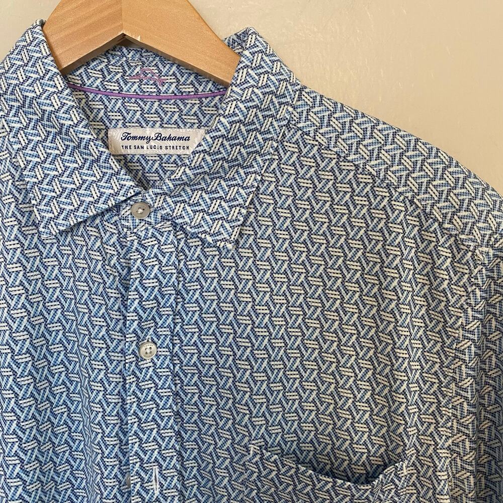 Tommy Bahama The San Lucio Stretch Polo Mens Sz Large Geo Blue Golf Work Travel